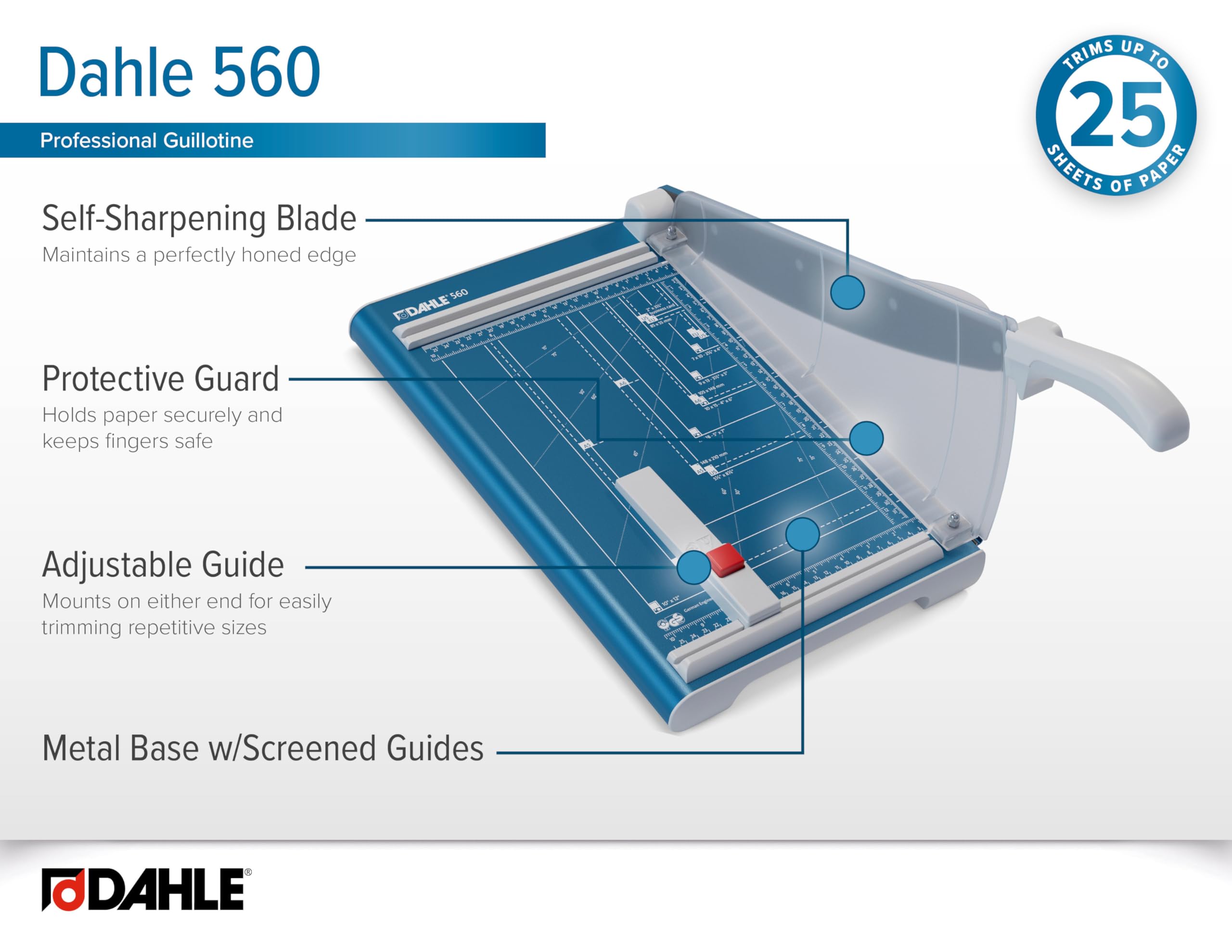 Dahle Cisaille 560 (Capacité de Coupe jusqu'à 25 Feuilles, DIN A4, 340mm de Coupe, Lame Affûtée, Pression Manuelle) Bleu