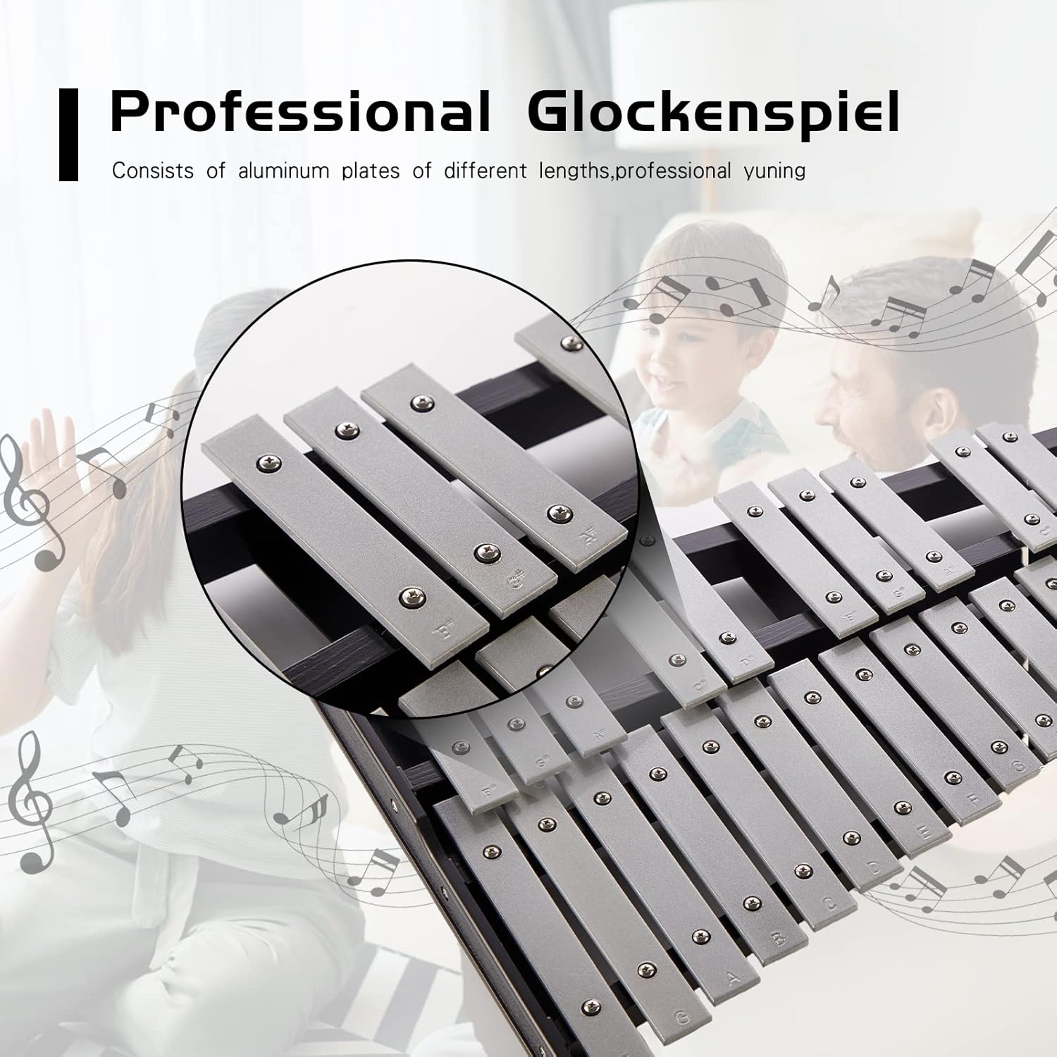 MIRIO Advanced 32 Note Glockenspiel Xylophone Bell Kit Percussion Kit for Beginner with Adjustable Stand Mallets, Drum Practice Pad, Glockenspiel Stick, Drum Sticks and Carrying Bag : Musical Instruments