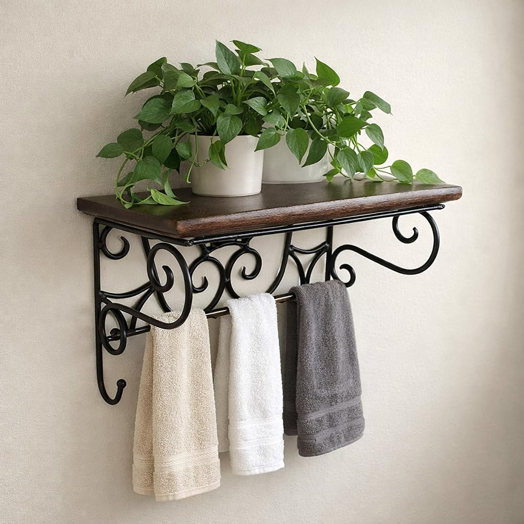 WOODLY Wall Mounted Wooden Shelf with Iron Hooks | Rustic Kitchen & Bathroom Organizer | Hanging Mug, Cup & Towel Rack | Decorative Storage Shelf-image-7