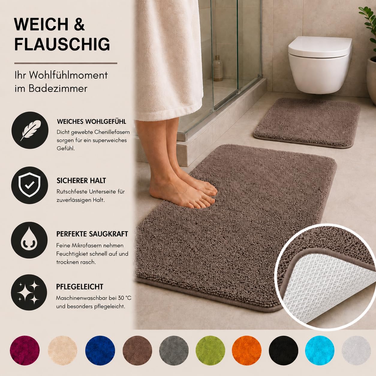Brandsseller dywaniki łazienkowe, zestaw 2-częściowy, składa się z dywanika łazienkowego: ok. 50/80 cm i dywanika do WC ok. 45/50 cm, kolor taupe