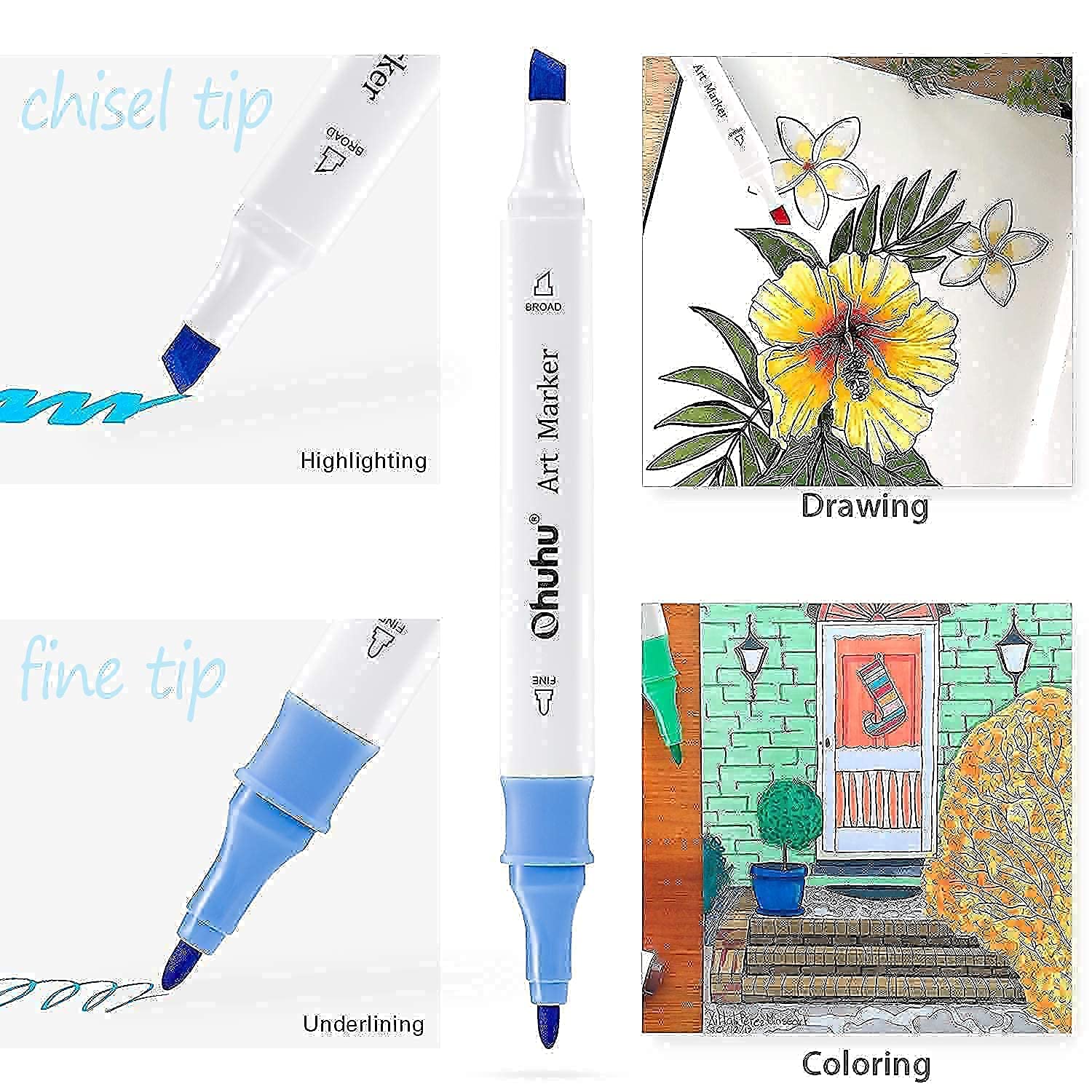 Ohuhu Markers, 48color Double Tipped Alcohol Markers, Chisel & Fine