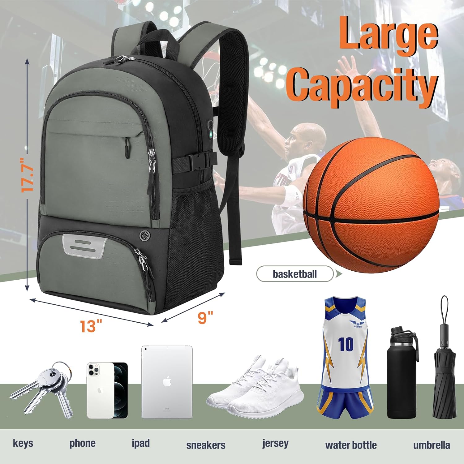 OCKLILY Basketball Backpack - Large Sports Equipment Bag with Ball Holder & Shoe Compartment, Sport Bags for Basketball, Soccer, Volleyball, Gym, School and Travel