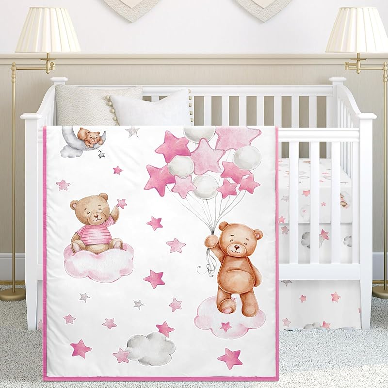 Mixweer 3 Pcs Cloud Balloon Bear Theme Crib Bedding Set for Boys Baby Nursery Mini Bedding Set Comforter Gender Neutral Standard Size Comforter Skirt for Girl