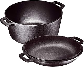 Bruntmor 2-in-1, 5 Quart Pre-seasoned Cast Iron Dutch Oven With Double Handles, 1.6 Quart Skillet lid with dual Handles fo...