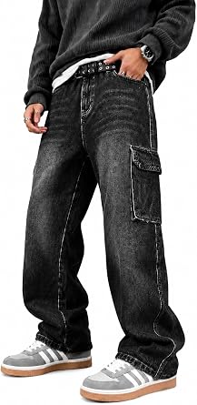 Mens Baggy Cargo Jeans Y2K Wide Leg Denim Pants with Design Streetwear Loose Fit Relaxed Hip Hop Jeans for Men