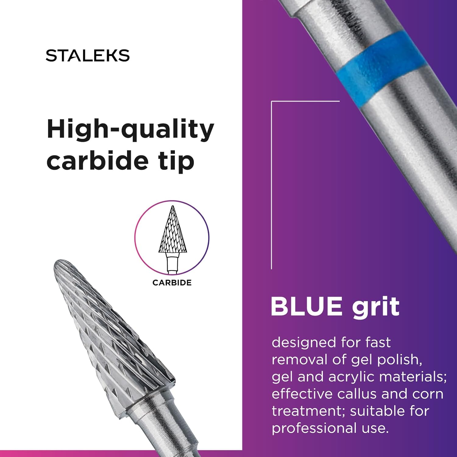 STALEKS PRO Expert Carbide Nail Drill Bit (Cone, Blue, 6mm Head / 14mm WP) – For Left-Handed Users – Medium Hardness for Artificial Nail Correction & Skin Processing in Hardware Manicure/Pedicure