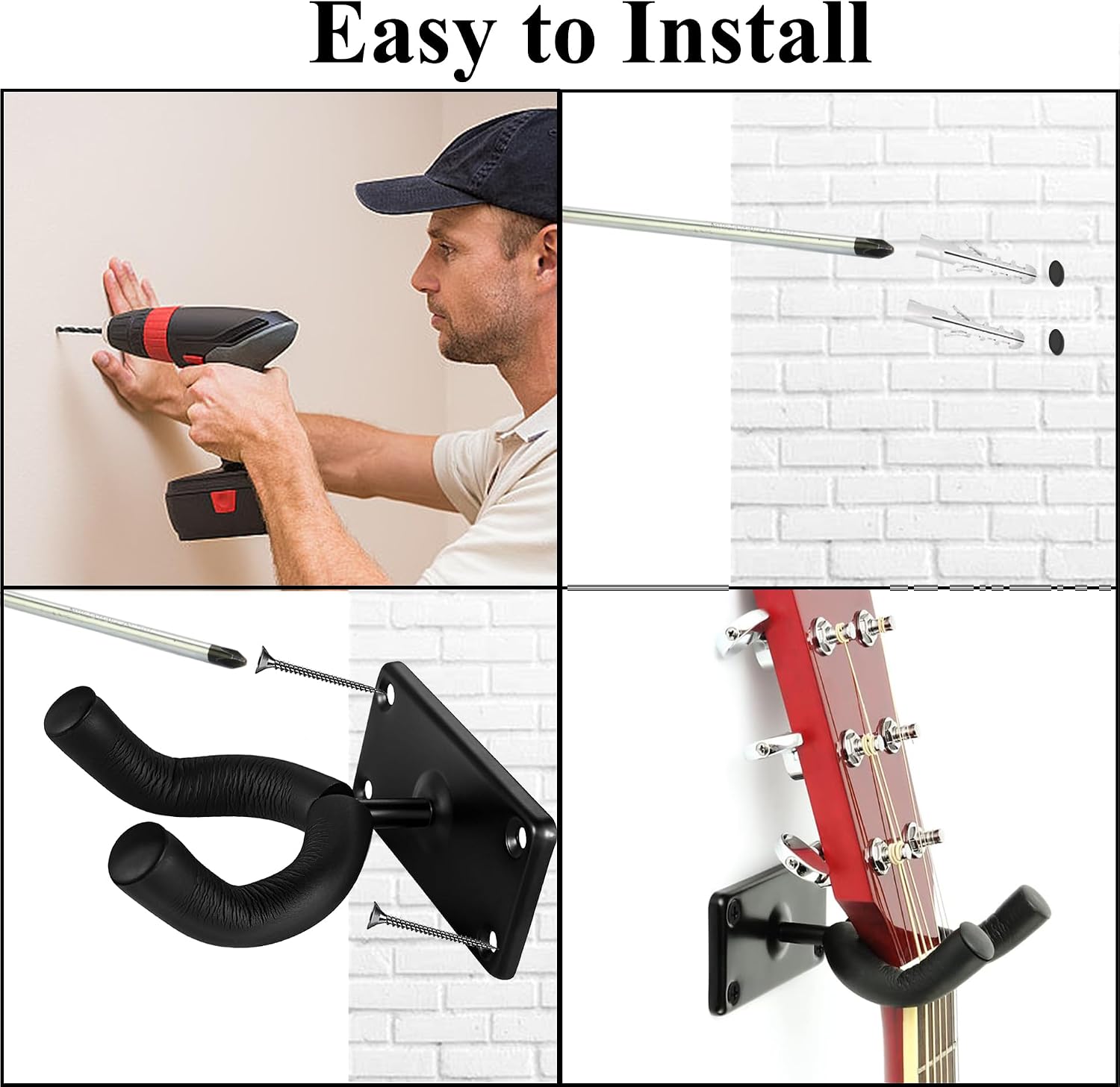 WOTLLA Guitar Wall Mount Hanger 4 Pack, Metal Guitar Wall Hangers,Black Guitar Hook Holder Stand for Bass Electric Acoustic Guitar Ukulele,Soft Padded Guitar Wall Mount