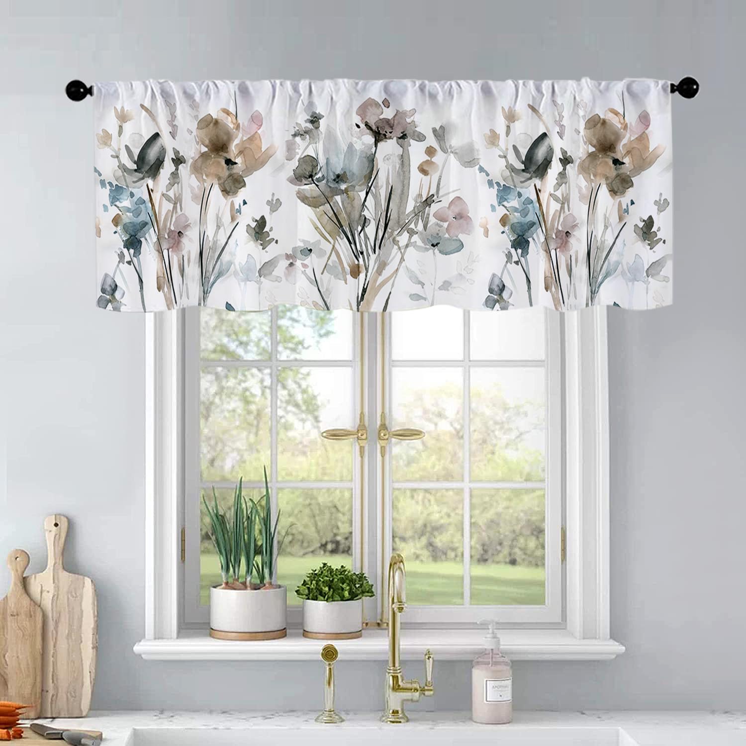 BrilliStar Farmhouse Kitchen Curtains Watercolor Flowers Design for Windows Valances Rod Pocket Curtain Valance for Bathroom Living Room Cafe Home
