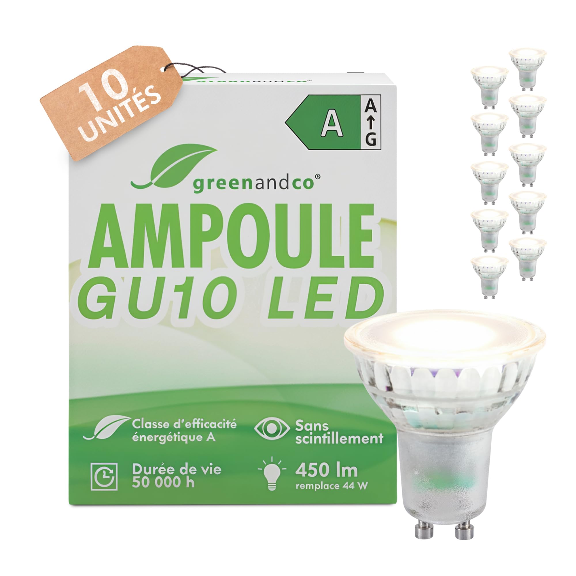 greenandco 10x Ampoule GU10 LED | remplace 44W | blanc neutre 4000K | 2.5W 450lm | 36° | sans scintillement | classe d'efficacité énergétique A | ampoule LED 230V | non dimmable