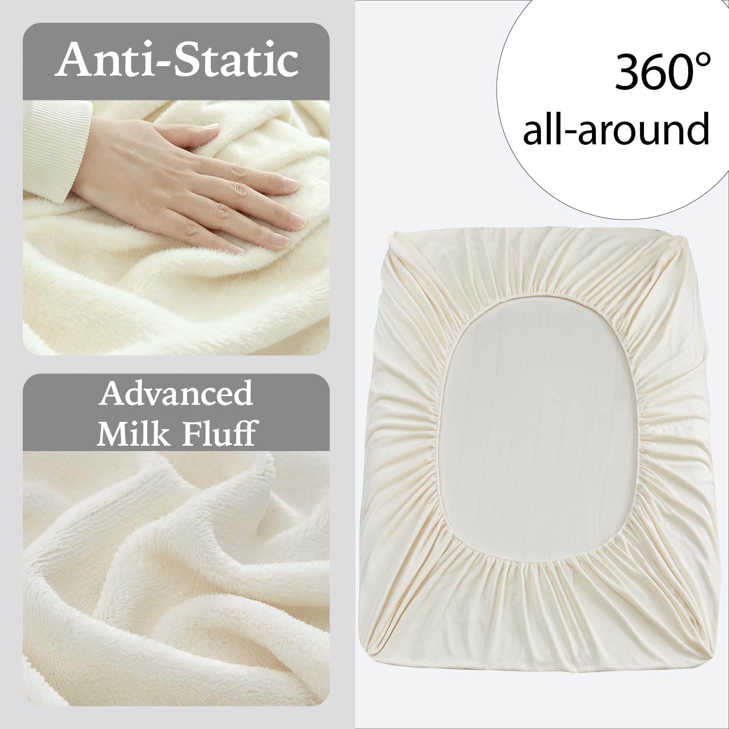 Super Soft Milk Velvet Sheets Set 3-Piece Bedding Set(Include 1 Fitted Sheet & 2 Pillowcases) Breathable Milk Fleece Sheet with 18'' Deep Pocket(Cream, King (U.S. Standard))