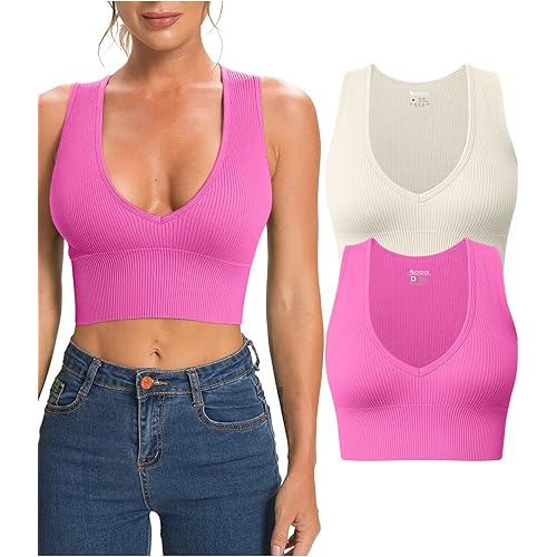 OQQ Women's 2 Piece Tank Top Ribbed Sleeveless Sexy Deep V Neck Removable Cups Yoga Crop, Rose,beige, Medium