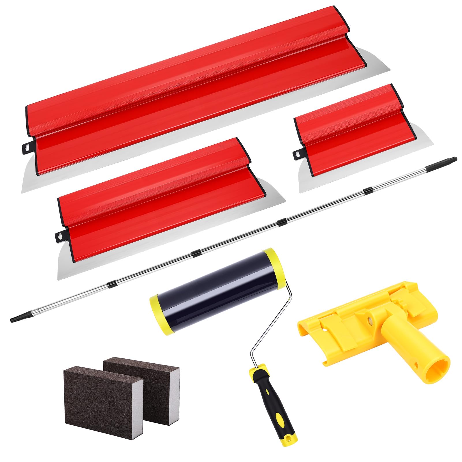 Drywall Skimming Blade Set, Stainless Steel Drywall Spatula Trowel Skim Blades(25+40+60cm), Aluminium Pole & Angle Holder with 9 inch Paint Rollers, Wall Ceiling Plastering Tools for Smoothing Finish