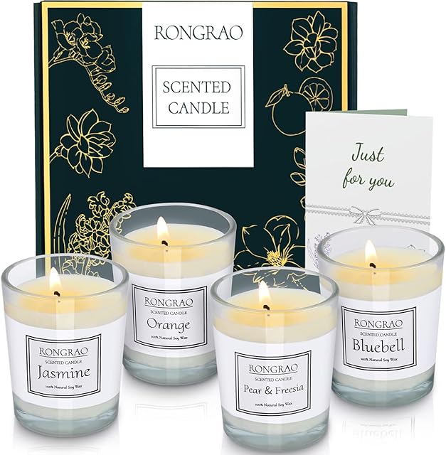 Scented Candles Gift Set, Soy Wax Candle of Jasmine, Pear & Freesia, Orange, Bluebell, Perfect for Women, Birthday, Bath Yoga, Weddings, Christmas, Mothers Day, Valentines Day