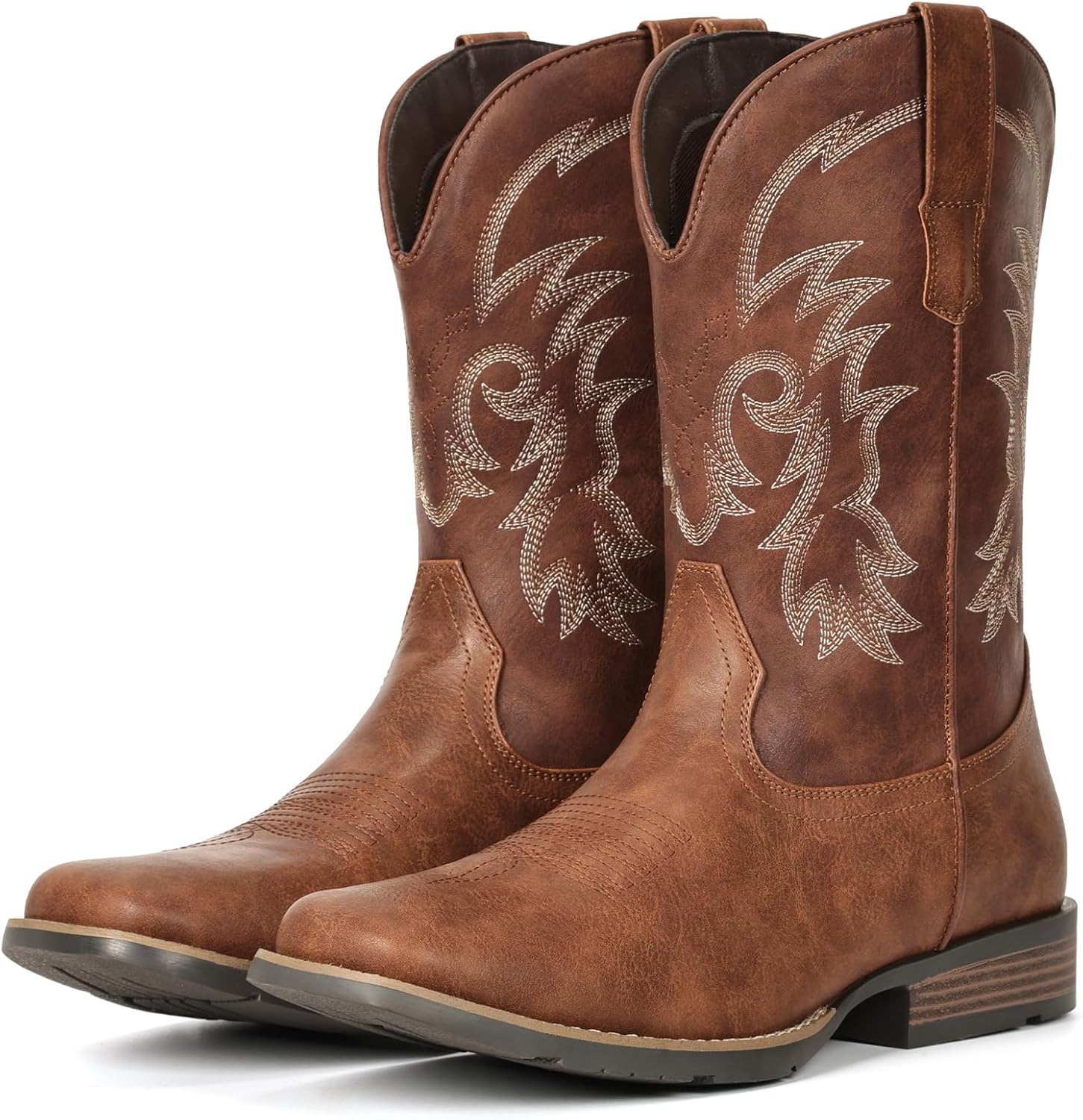 IUV Cowboy Boots for Men Square Toe Pull-On Western Boots with Classic Embroidery, Slip & Oil Resistant Outsole, Durable Heel for Stylish Casual, and Country Wear