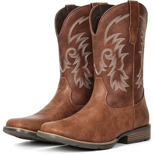 IUV Cowboy Boots for Men Square Toe Pull-On Western Boots with Classic Embroidery, Slip & Oil Resistant Outsole, Durable Heel for Stylish Casual, and Country Wear