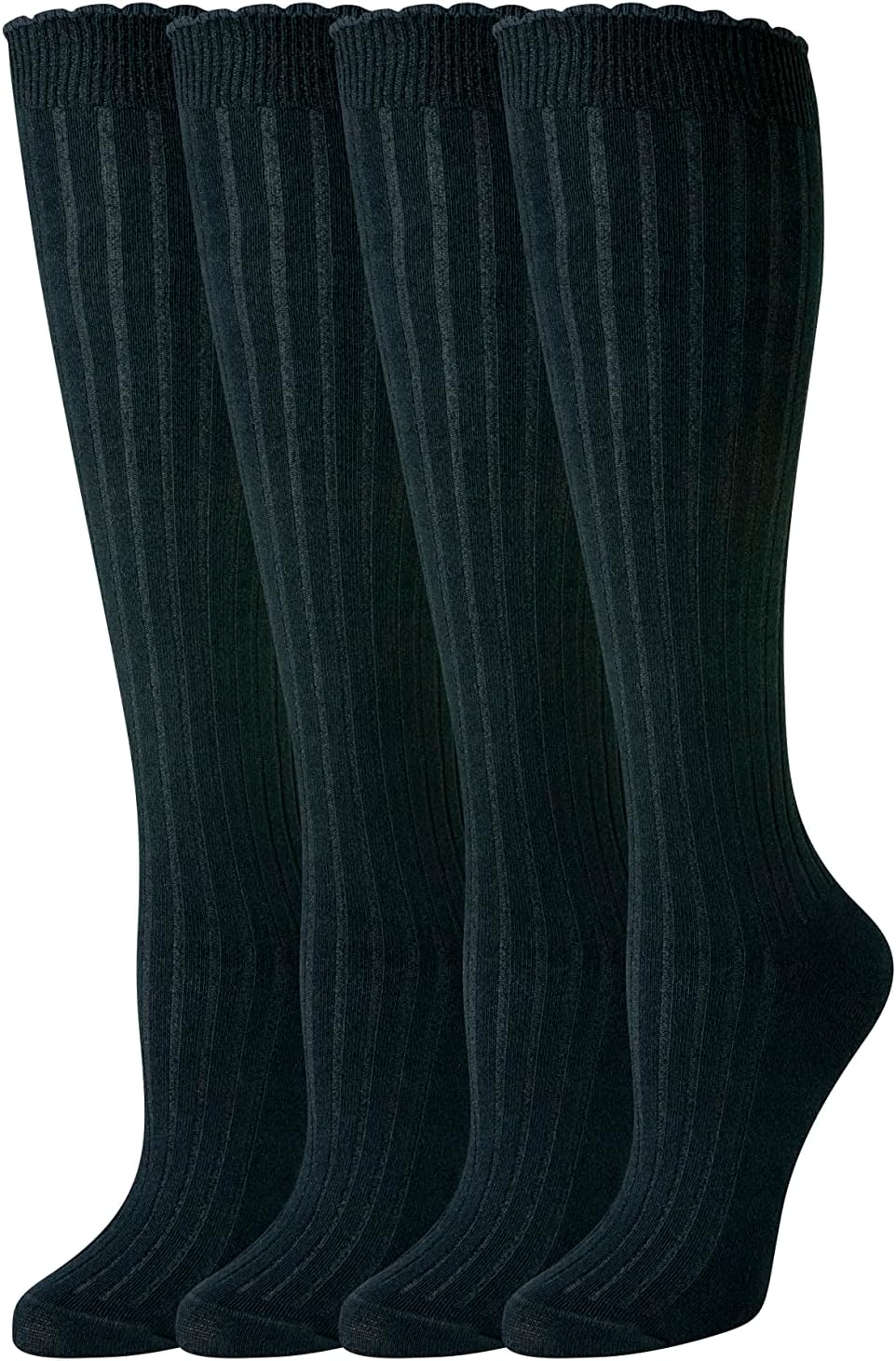 Women's Comfortable Casual Cotton Knee High Socks with Scallop Detail, 4 Pairs