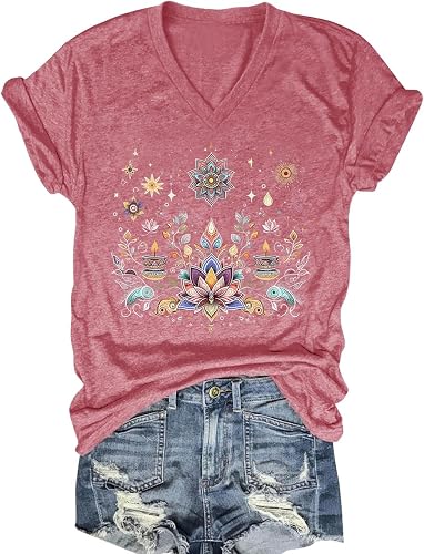 OUMASK Women's T-Shirts V-Neck Boho Flowers Wildflowers Tee Cute Summer Graphic 