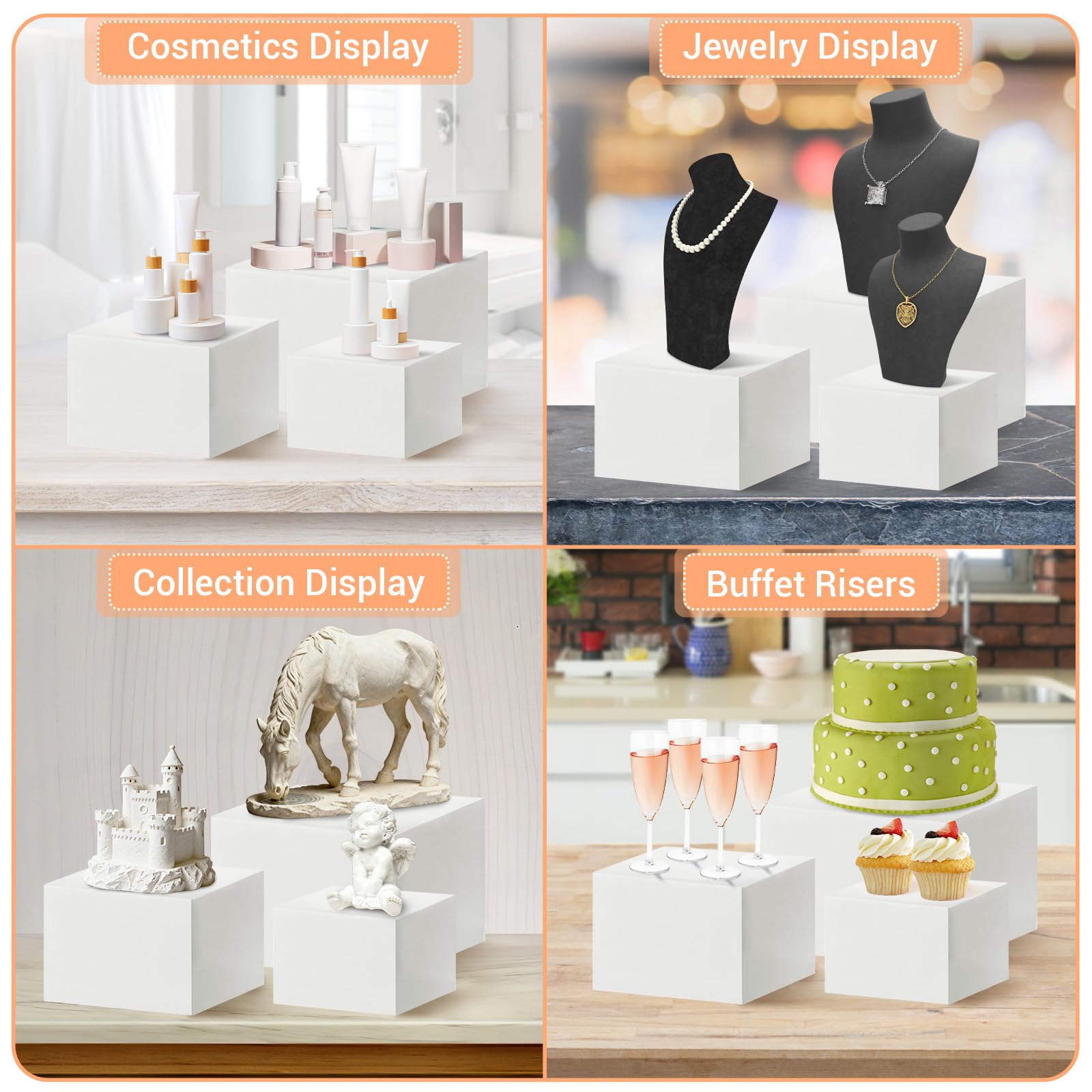 Garvee Lot de 6 présentoirs de buffet pour fête, cube en acrylique blanc avec fond creux, boîte de rangement pour cupcakes, desserts, restauration, bijoux et objets de collection