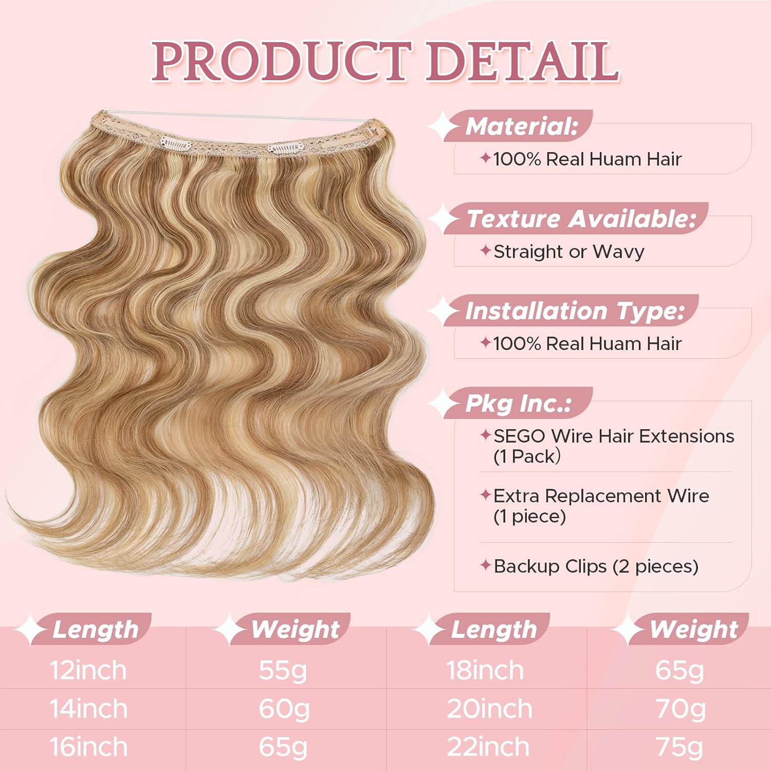 SEGO Halo Hair Extensions, Wavy Adjustable Invisible Wire Extensions, Real Human Hair, 2 Clips for Women Transparent Fish Line Extensions, 12 inches, Golden Brown Mixed Bleach Blonde