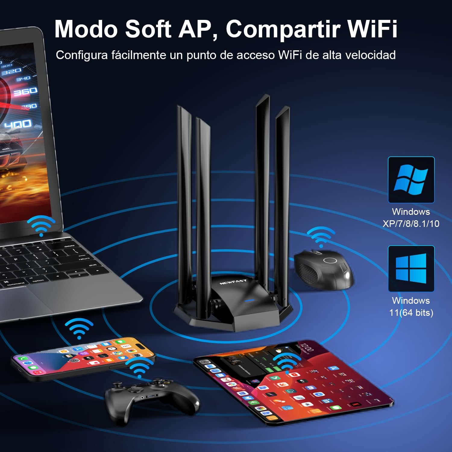 NEWFAST 1300Mbps Adaptador WiFi USB, Banda Dual AC1300 Antena Wi-Fi USB para PC USB 3.0 4x6dBi Externa Ajustable，5Ghz/2.4Ghz, MU-MIMO, Compatible con Win 11/10/8/8.1/7/XP