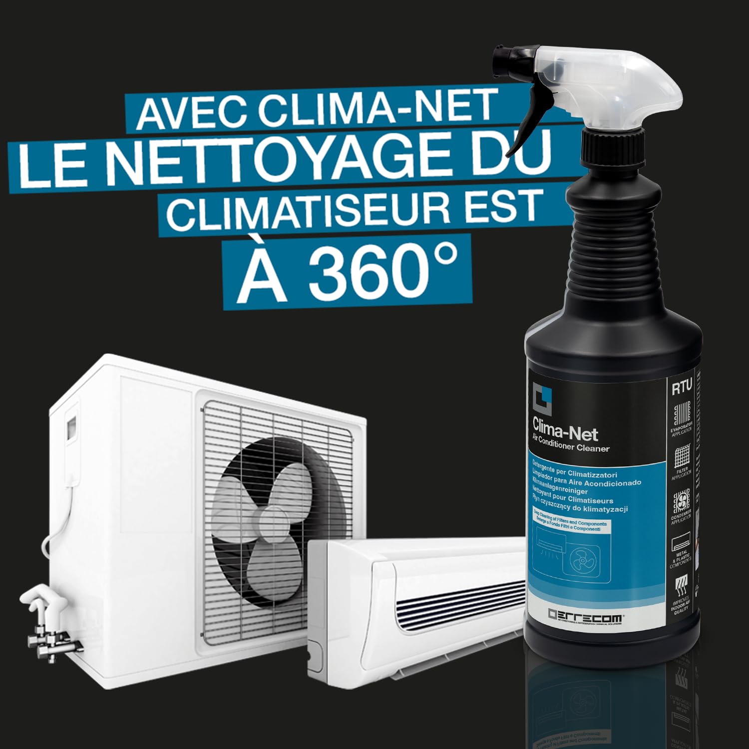 Errecom Clima-Net, Nettoyant pour Climatiseurs, Filtres, Batteries à ailettes et Unités Extérieures, 6 bouteilles x 1 L