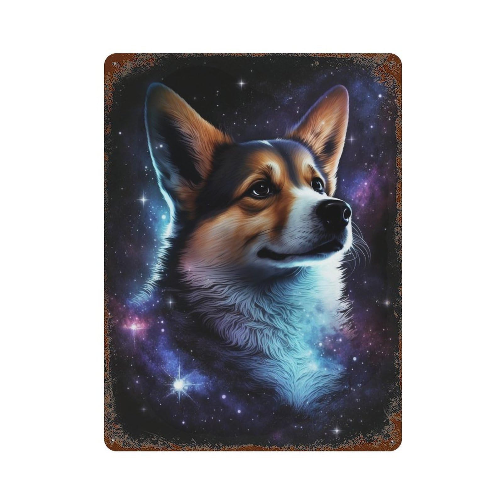 Space Corgi Portrait Art Print Decorative Tin Sign 15.7"x11.8", Vintage Wall Decor for Basement, Hobby Room And Garage Decor