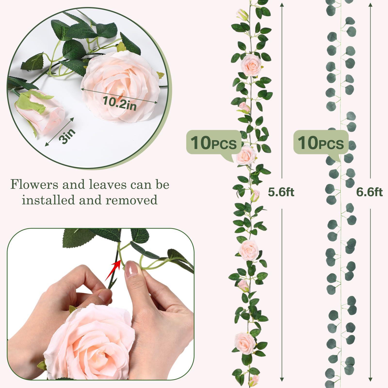 Künstliche Rosenranken-Girlanden, insgesamt 150 m, Silber-Dollar-Eukalyptus-Girlande mit Weidenblättern, künstliche Reben für rustikale Hochzeit, Babyparty, Tisch, Kaminsims, Heimdekoration, 10