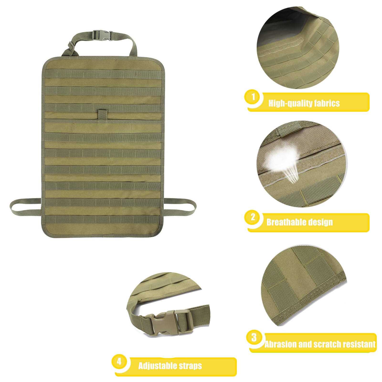 Jimikay Organiseur tactique pour dossier de siège de voiture avec sac à suspendre et 5 poches Molle détachables - Organiseur de panneau Molle pour véhicule - Sac de rangement universel pour la plupart