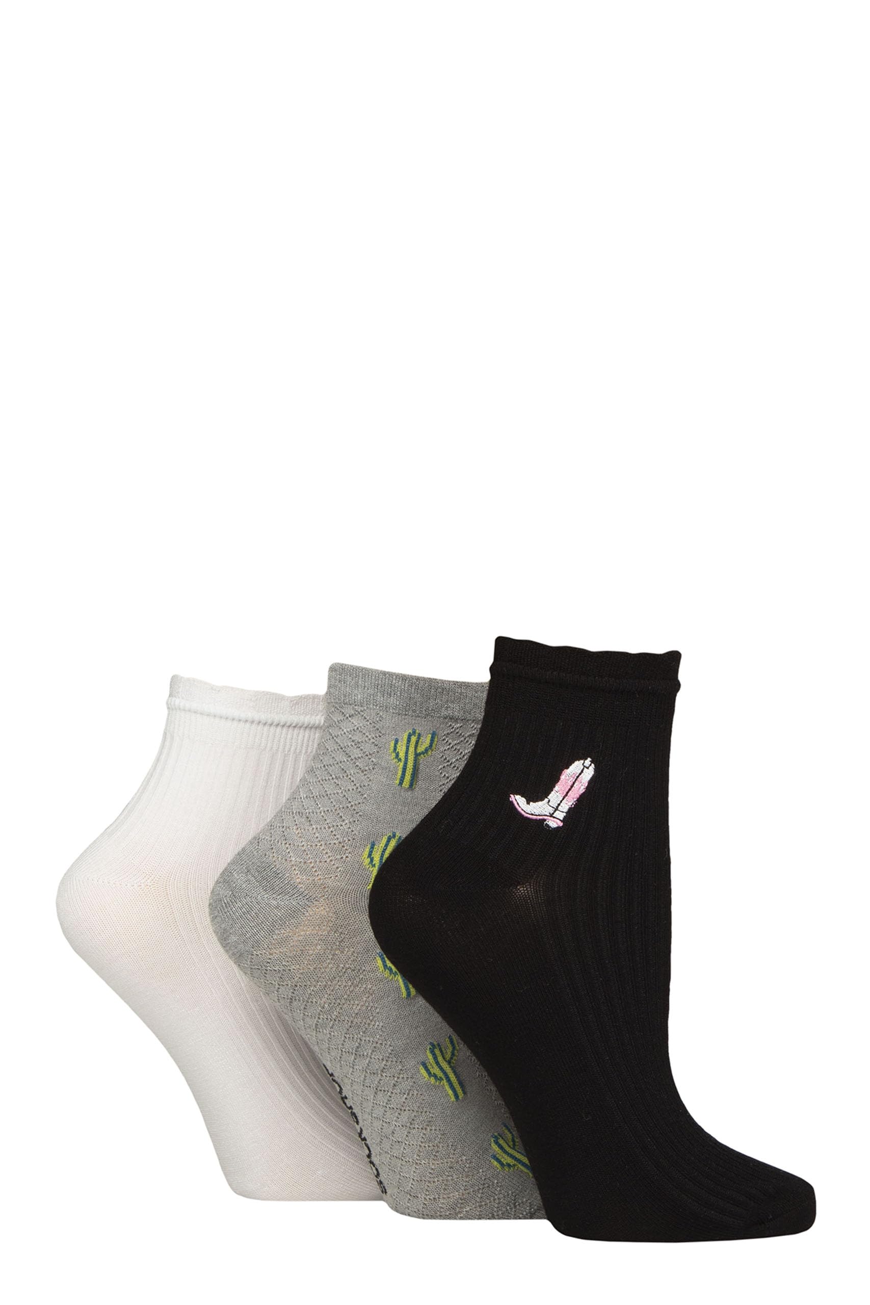 ELLE Ladies Bamboo Anklet Socks - With Frill Welt Cuff, Embroidered Motifs, Textured Weaves,Ribbed in Soft Breathable Cooling Material Multipack of 3 Pairs Size 4-8 Wild West