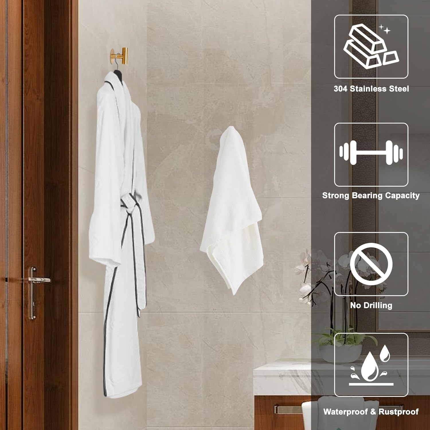 2PCS Bathroom Towel Hook Robe Coat Hook Stainless Steel Hook for Bathroom Bedroom Kitchen