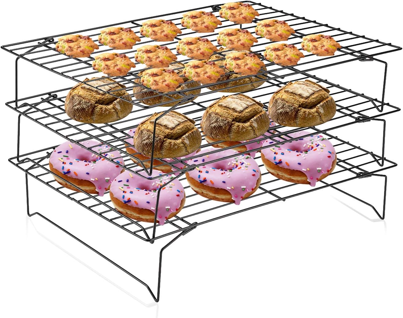 Stackable Cooling Rack for Baking, 3 Tier Cake Cooling Trays, Non-Stick Cooling Rack Stainless Steel Baking Rack Cooler, Wire Cake Cooling Rack for Baking Cookies and Biscuits, 34 x 24.5 x 7cm