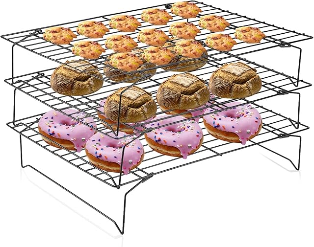 Cooling Racks for Baking, 3 Tier Stackable Nonstick Stainless Steel Baking Cooling Grill Tray Baking Rack Stacker for Biscuit Cake Bread, Oven Rack Large with No Artificial Coatings