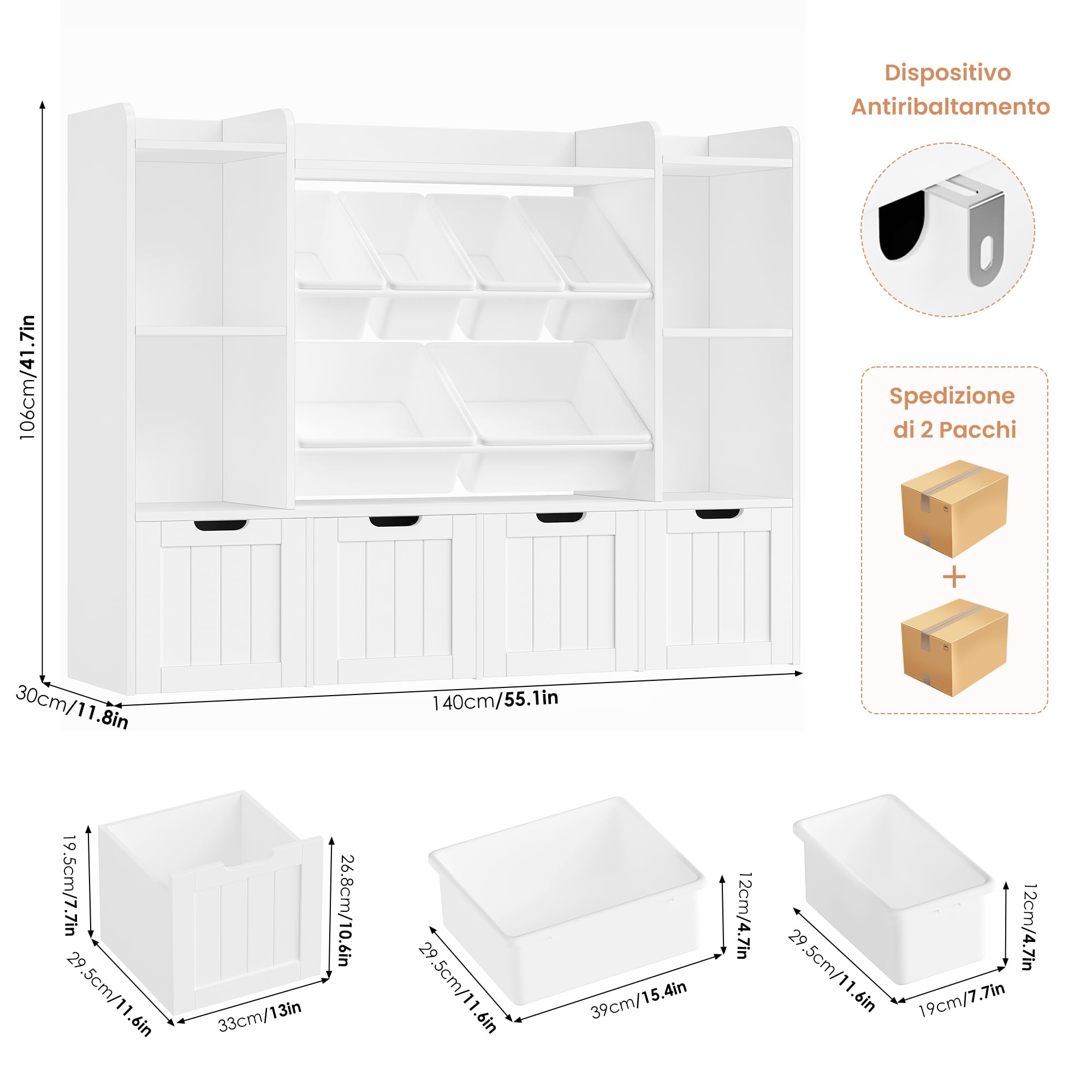 FOREHILL Scaffale per Giocattoli con Cassetti su ruote 140x30x106cm Bianco | Scaffale Portagiochi bimbi con 6 Scatole Rimovibili,Archiviazione per Peluche,Altezza adatta bimbi,Per Camerette, Sale Giochi