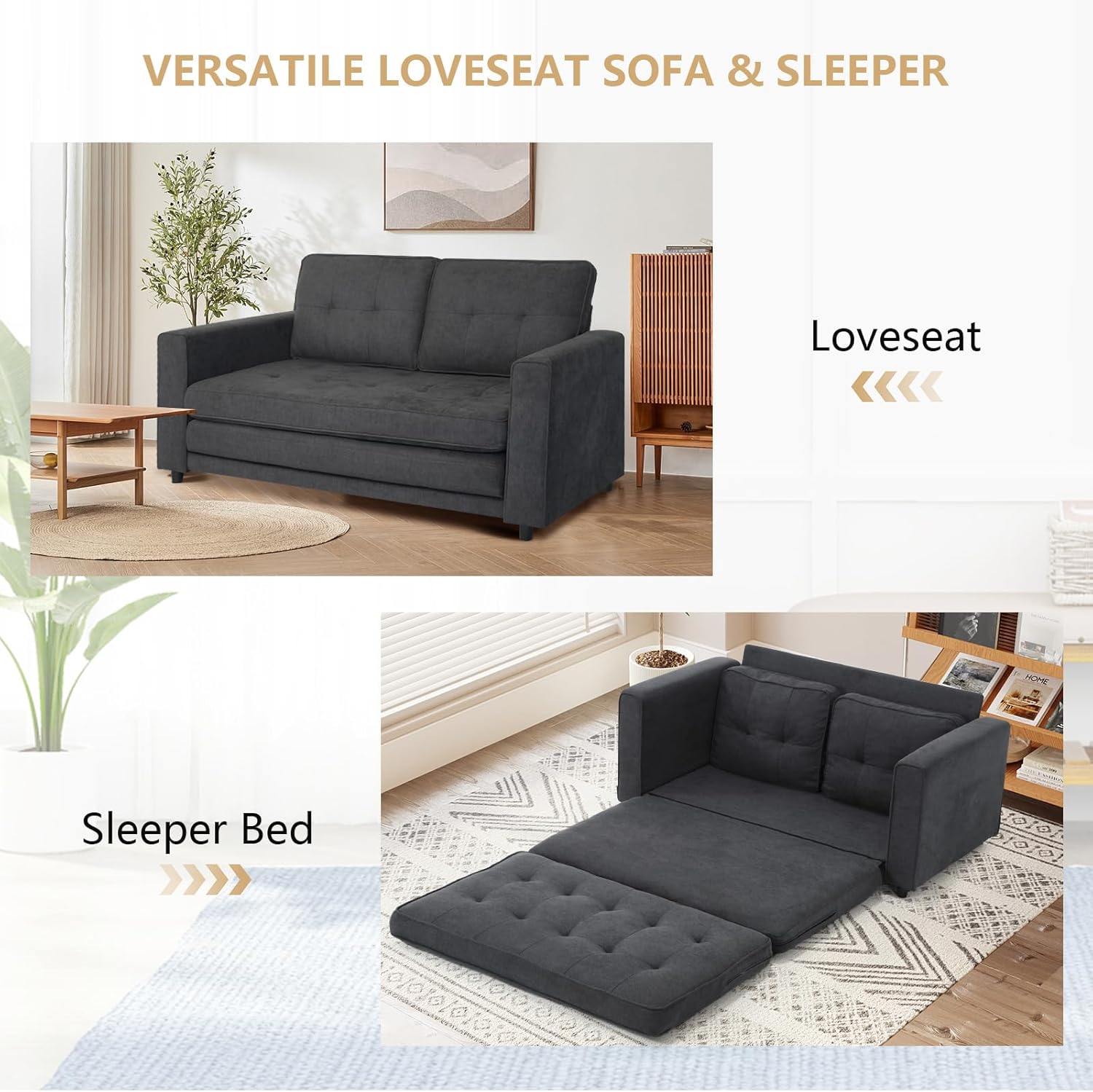 3-IN-1 Pull Out Futon Sofa Bed, Velvet Love Seat Folding Sleeper Sofa Bed with Storage Pocket & Soft Back Support, Floor Comfy Couch Gaming Bed Small Couches for Small Spaces - Dark Gray Sofá