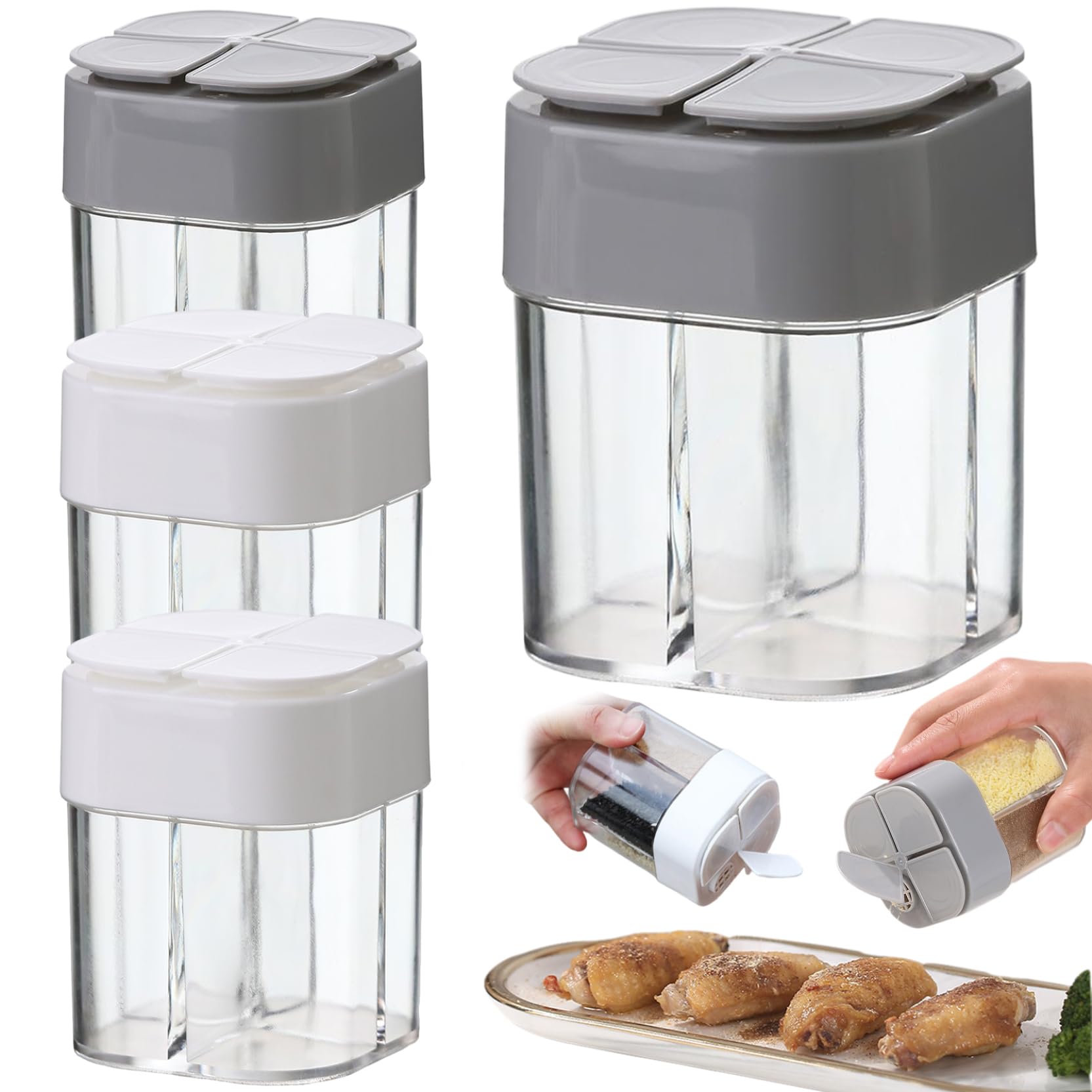 Awnsimfreien White+Grey Camping Spice Kit, Travel Spice Containers, 4Pcs 4-In-1 Clear Containers With Compartment, Dustproof Plastic Clear Seasoning With Lid For Cooking Camping