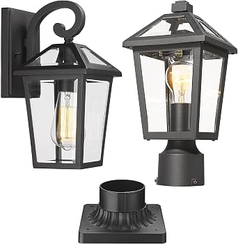 Outdoor Wall Light + Outdoor Post Light + 3 inches Base Mount, Black Finish, Waterproof and Anti-Rust Aluminum, Outside Lighting for Walkway, Driveway, Patio, Porch