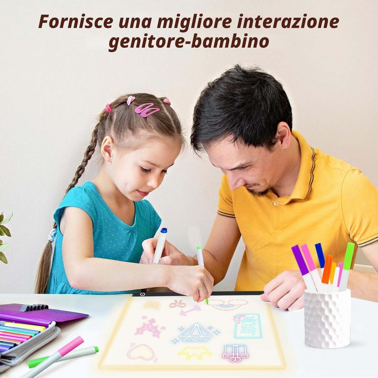 Lavagnetta in Acrilico con Luci LED, 35x25cm Lavagna Promemoria LED, 5 Modalità e 6 Colori Lavagna Luminosa per Disegnare, Tavoletta Grafica Bambini con Penna a 7 Colori, Catena, Supporto