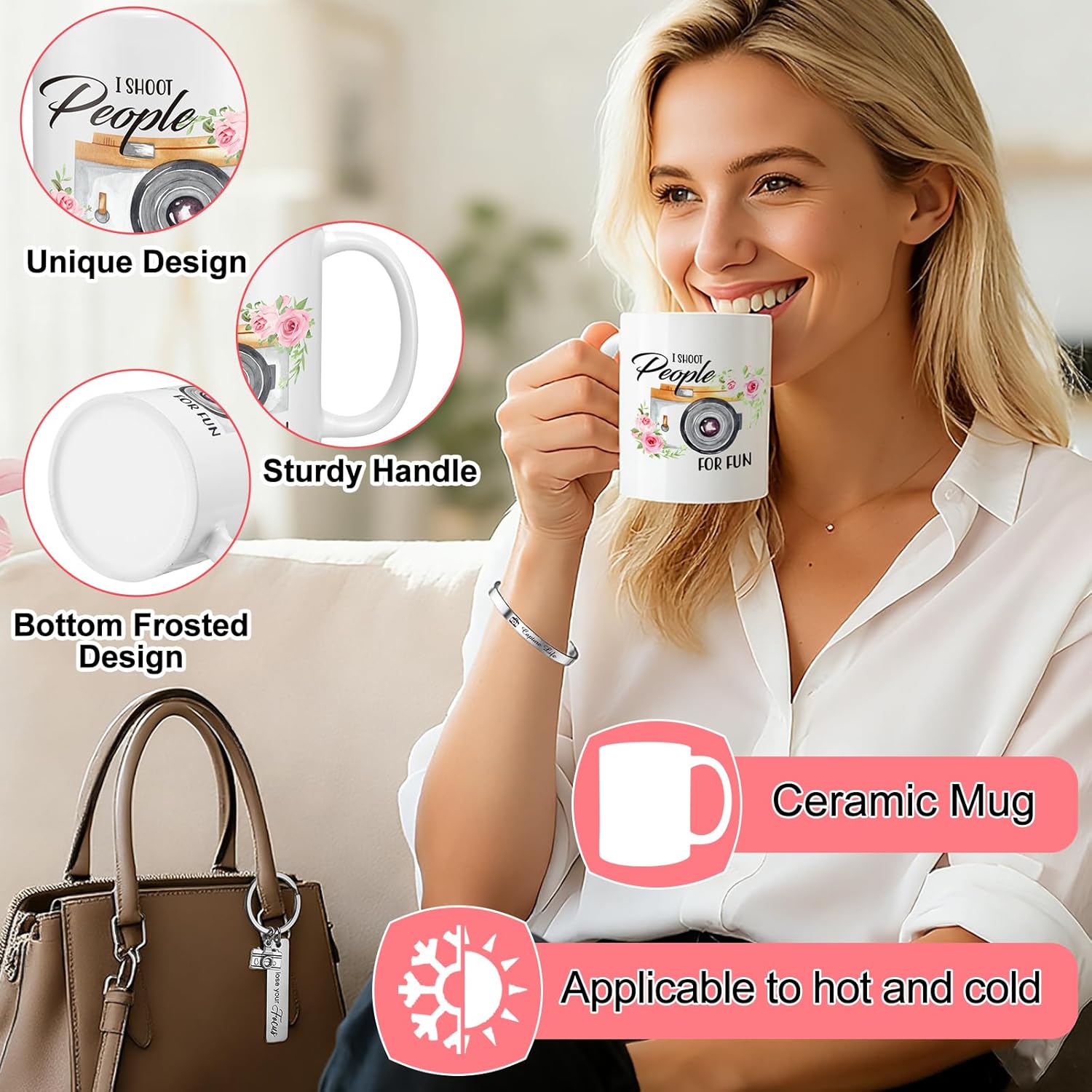 8 Pcs Photography Gifts for Women Include Photographer Notebook 12 oz Ceramic Mug Makeup Bag Camera Keychain Bracelet Card Inspirational Gift for Photo Lovers - Image 5