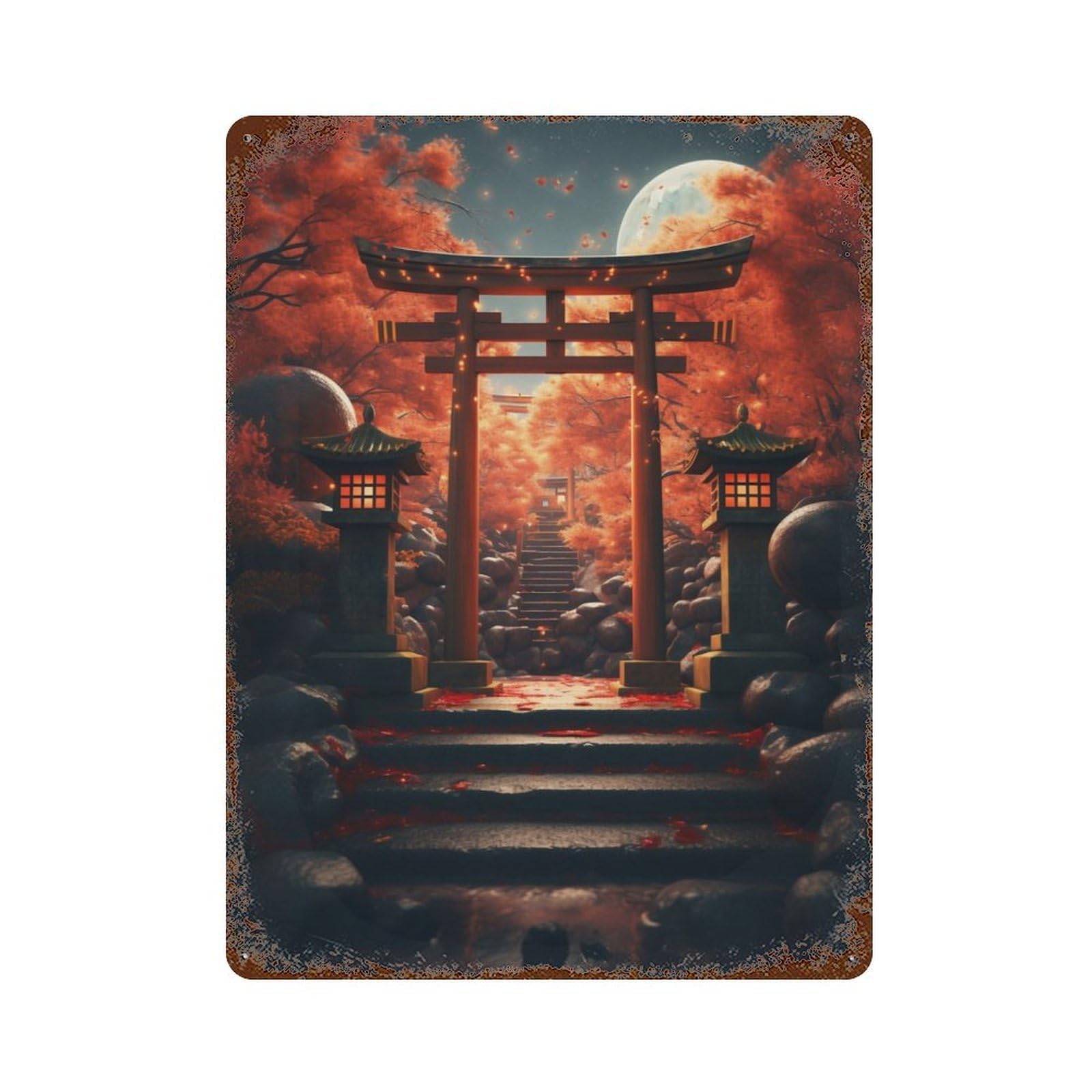 Japanese Torri Gate Moon Rustic Tin Plaque 15.7"x11.8", for Shed, Workshop And Garage Wall Decor, Shabby Chic Decor