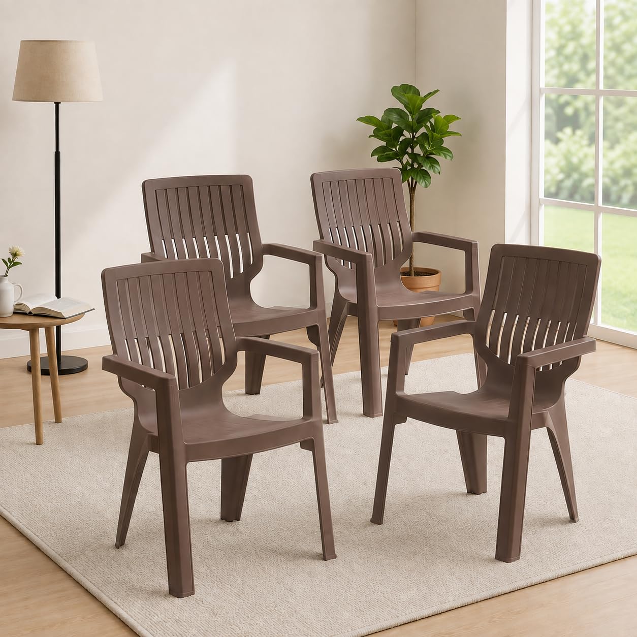 Neelkamal Ortho Comfort Armrest Plastic Chair Set of 4 |Ergonomic High Back Premium Finish Chair for Home, Living Room,Cafe, Balcony Indoor Outdoor Use(Colour: Rattan Dark Beige)-image-40