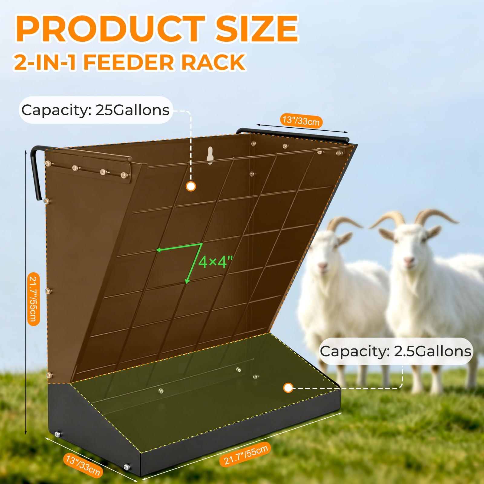 Alimentador de heno y grano 2 en 1 para montaje en pared, comedero para ganado | Alimentador de heno de acero galvanizado, gran capacidad, para cabras/ovejas, caballos, ganado, corrales de granero