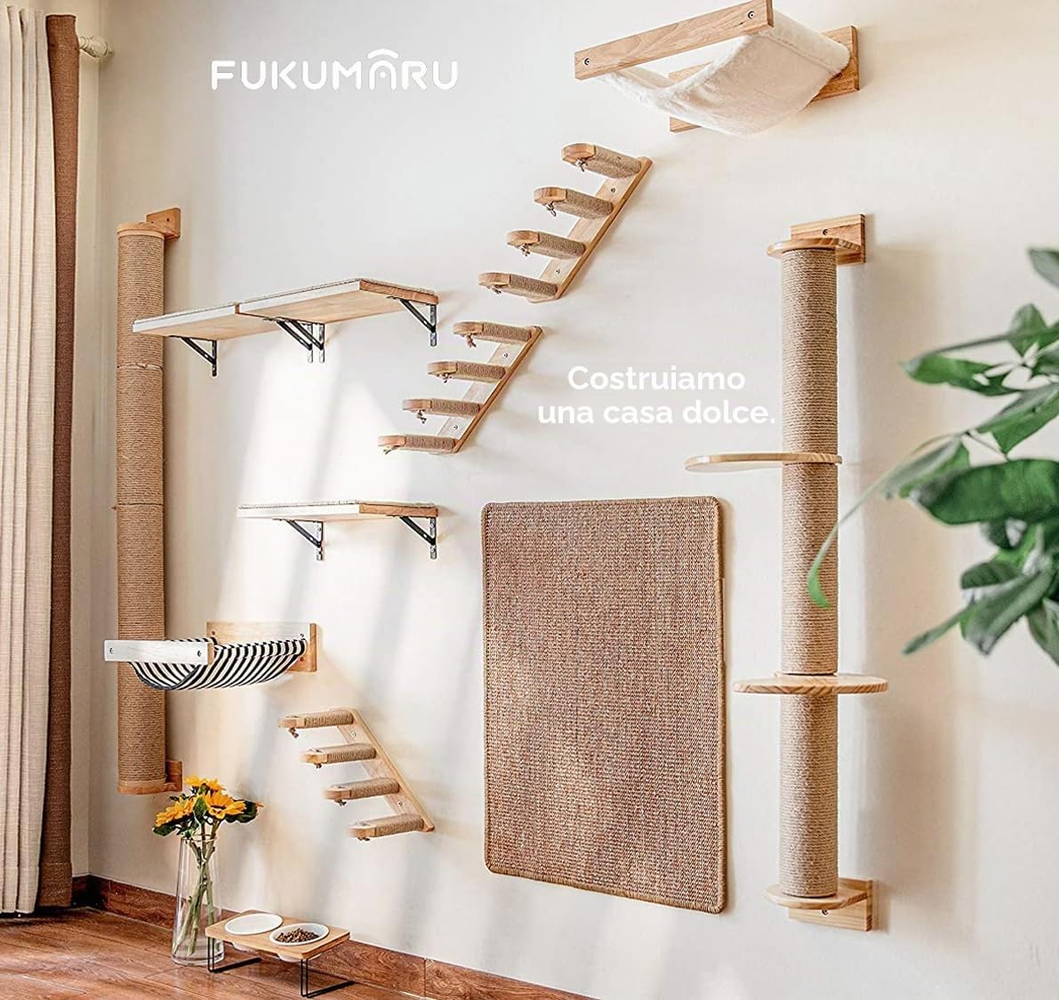 FUKUMARU Parete da Arrampicata per Gatti, 4 Scale e Gradini da Parete per Gatti, Scaletta in Legno Massiccio di Gomma,Con Corda di Iuta per Graffiare Fino a 15 kg. da Sinistra a Destra.