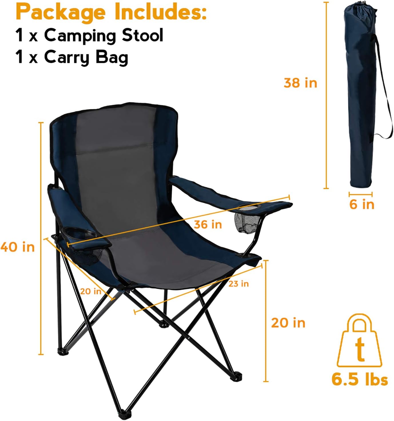 Pacific Pass Quad Camp Chair w/ 2 Built-In Cup Holders, Includes Carry Bag - Navy/Gray