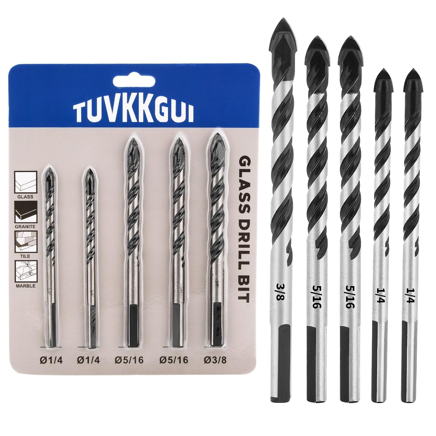 Masonry Drill Bit Set (5PCS) for Concrete/Tile/Glass/Brick/Plastic/Wood/Etc, Industrial Strength Carbide Drill Bit Tip, 1/4''*2,5/16''*2,3/8''