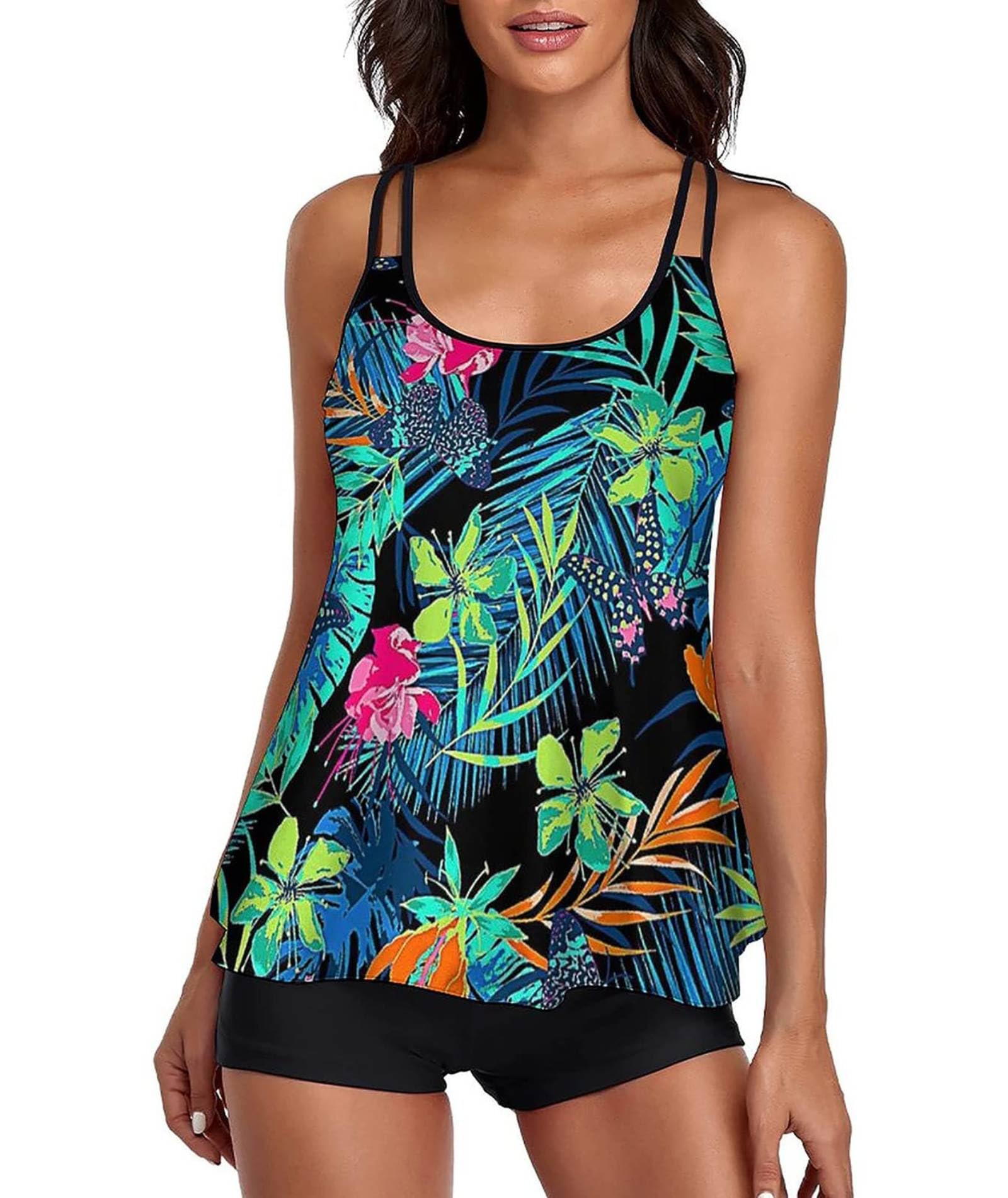 wihnsinop Tankini Damen Bauchweg Bademode Set Freizeit Badeanzug Tankinis Zweiteiler Sets Sommer Elegant Badeanzüge für Damen Oberteil mit Badeshorts