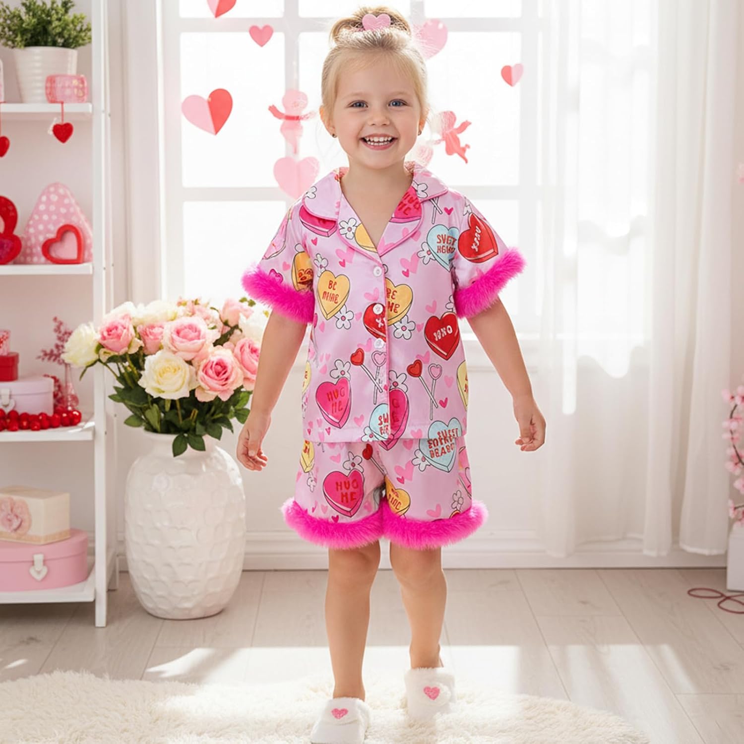 Kuriozud Kids Toddler Girl Valentines Pajamas Fuzzy Trim Satin Button Down Shirt Top and Shorts 2pcs Pjs Sets Sleepwear - Image 2