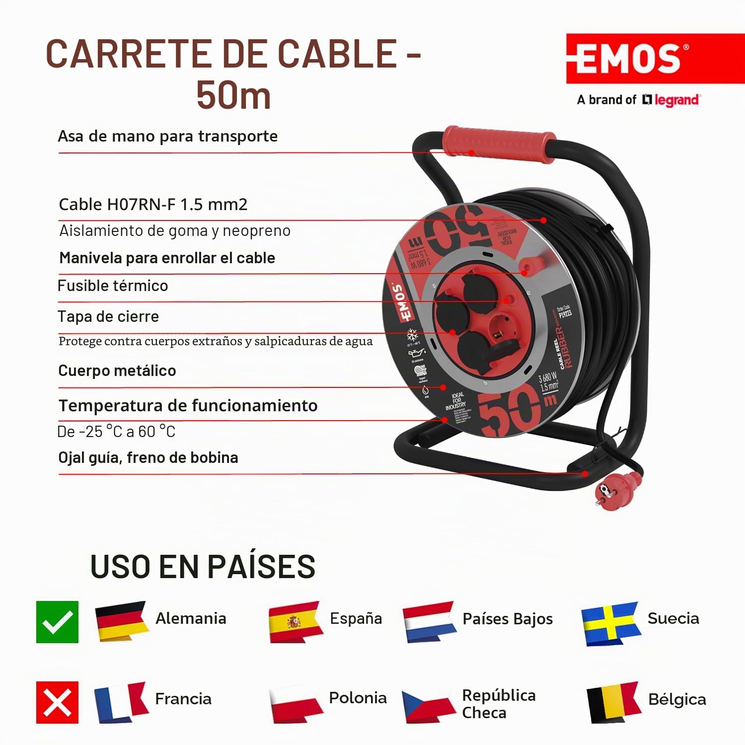 EMOS tambor cable 50 m acero, 4 Schuko, 230 V 16 A 3680 W, goma H07RN-F 1.5 mm², IP44, resistente agua, golpes, aceite, intemperie
