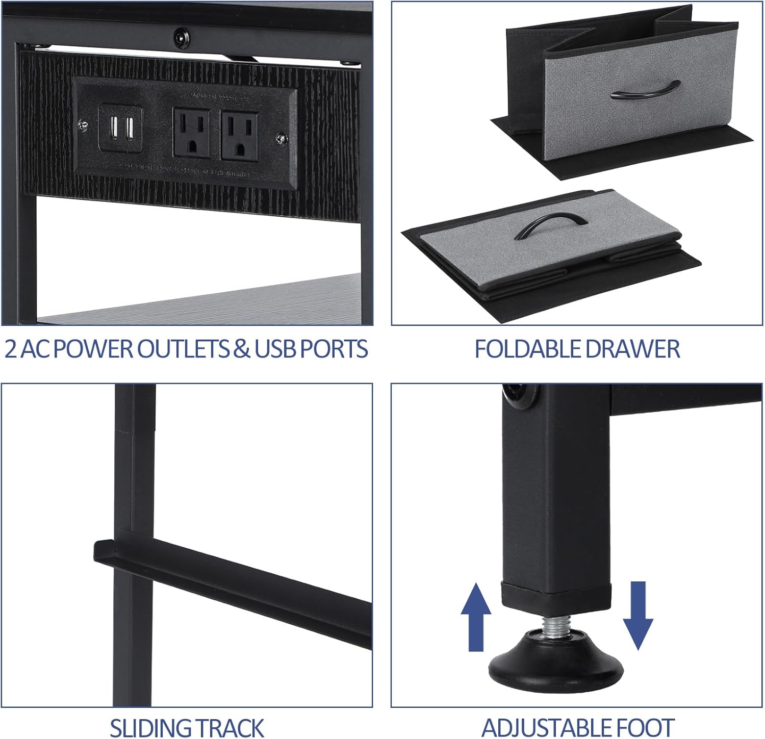 NANANARDOSO Nightstand with Charging Station, Small Bedside Table with 2 Fabric Drawers and Storage Shelf, Rustic End Table for Small Space Bedroom Living Room, Black