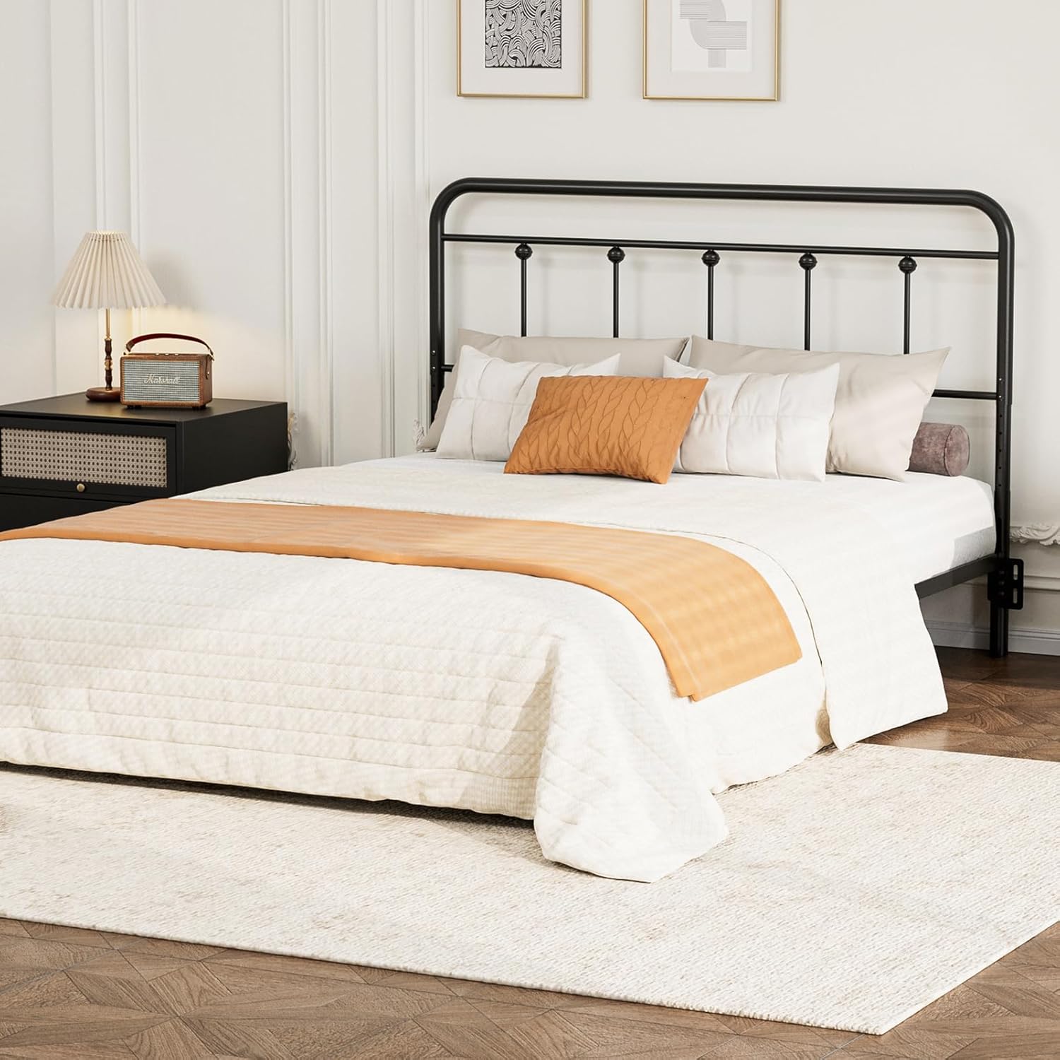 Metal Full Size Headboard Only, Adjustable Height, Steel Full Headboard with Bed Frame Brackets Adapter, Farmhouse Victorian Style, Easy Assembly, Black
