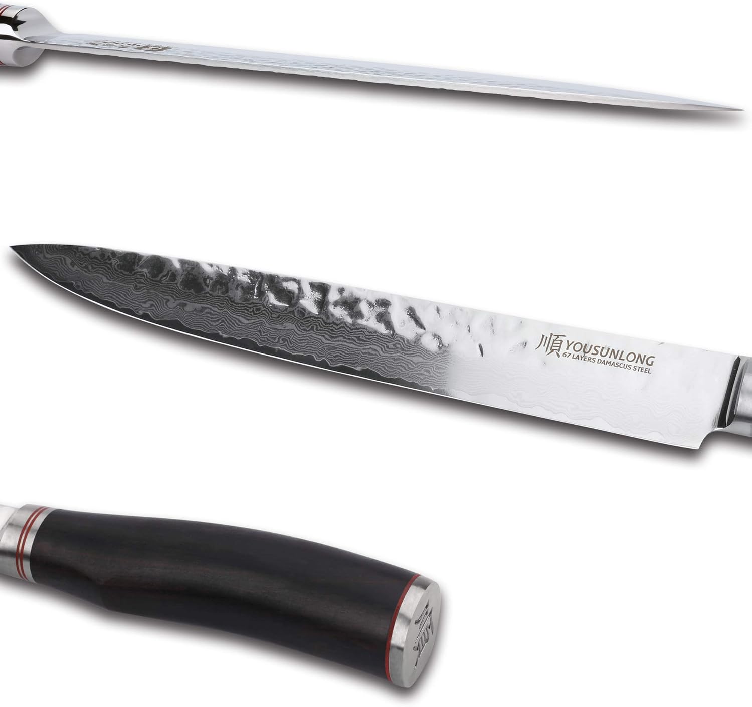 YOUSUNLONG Butcher Knife Pro 10 inch & Fillet Knives 10 inch Sashimi Knife Pro Yanagi Knife Japanese Hammered Damascus Steel Natural Leadood Handle